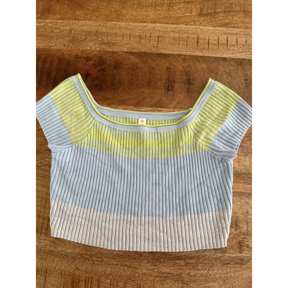 Daily Practice Womens Small Ribbed Knit Crop Top Blue Yellow Color Block Y2K